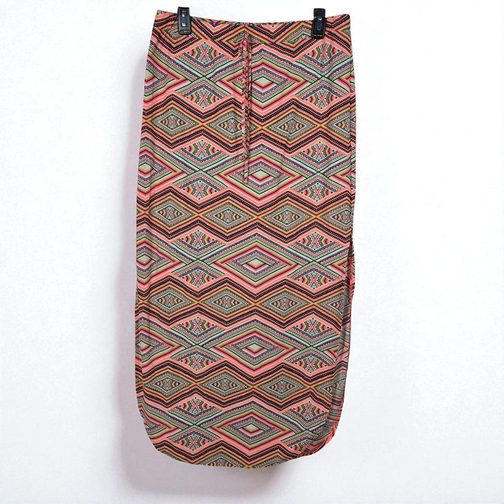 Bobbie Brooks XL Maxi Skirt Colorful Geo Print Drawstring High Slit‎ Women's